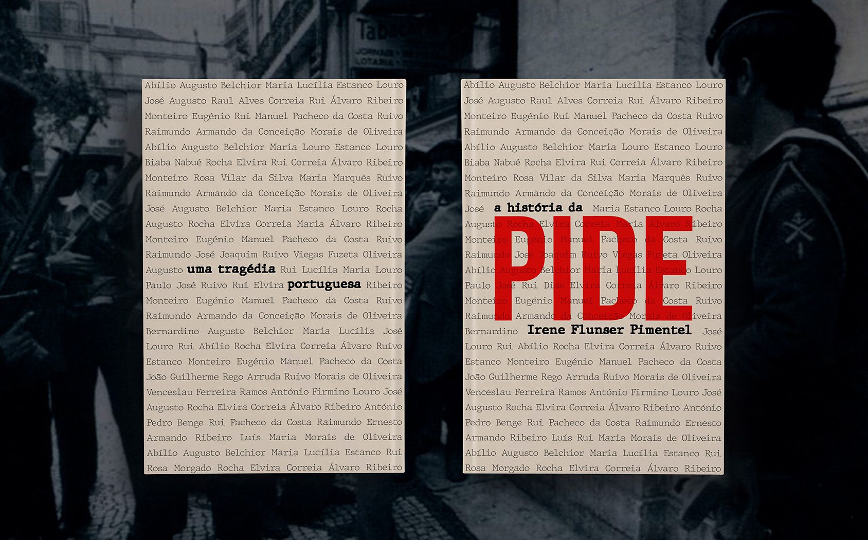Front and back of the A História da PIDE cover over a dark archival photograph