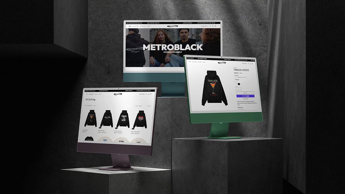 Metroblack website on three desktop screens