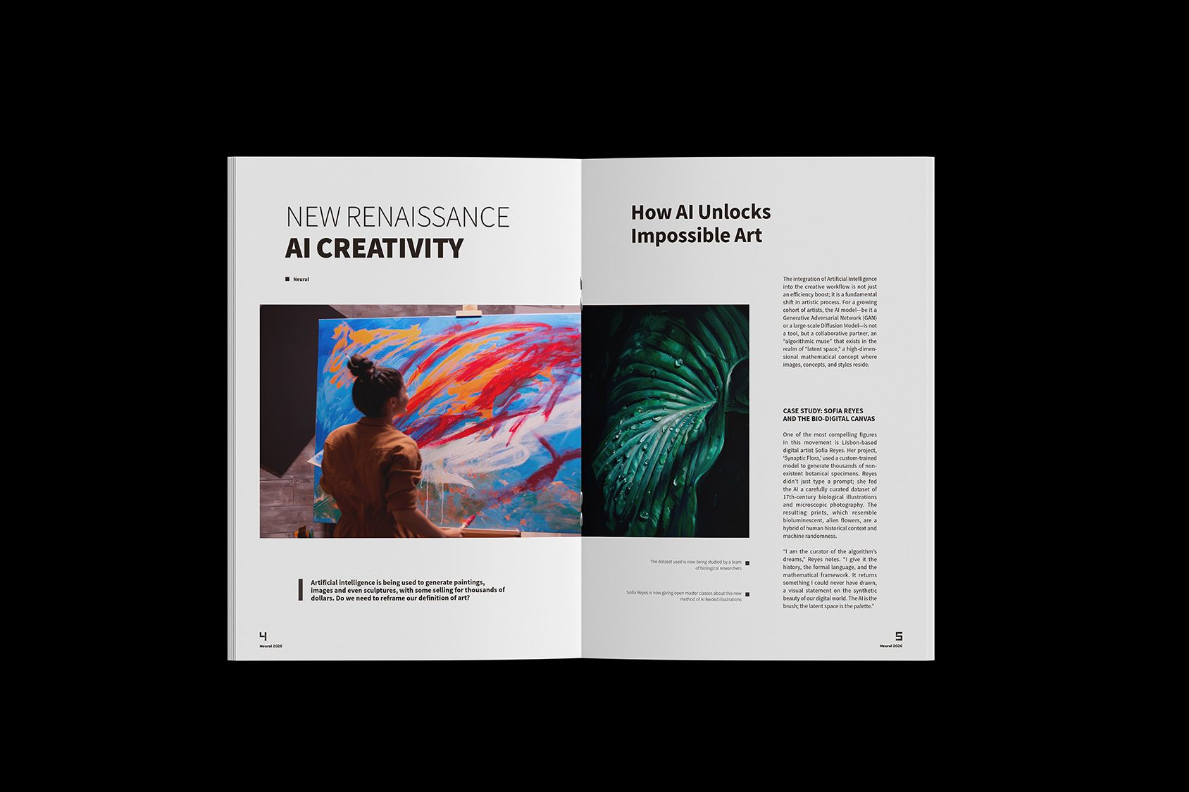 Spread about AI creativity with colourful artwork