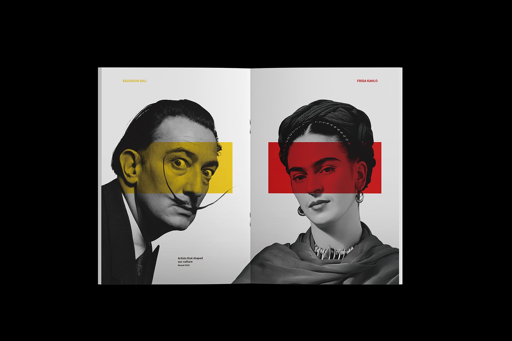 Spread with collaged portraits in red and yellow